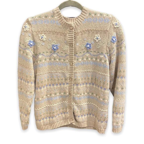 Cherokee Vintage Boho Cottagecore Embroidered Crochet Floral Button Up Sweater - Picture 1 of 5